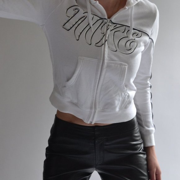 Nike Women's White Spellout Y2K Zip Up Hoodie Size L